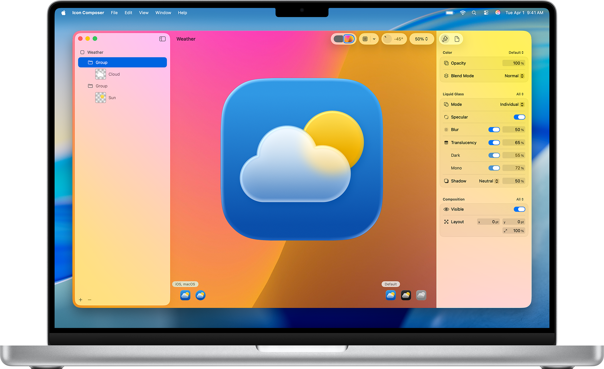 Apple Icon Composer interface previewing a layered app icon